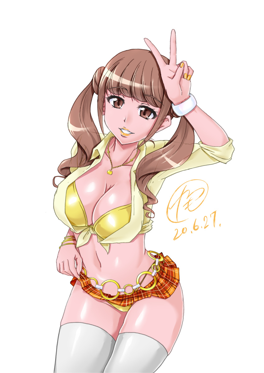 1girl amesuku_gyaru artist_name belly_chain bikini bikini_under_clothes blunt_bangs bracelet breasts brown_eyes brown_hair cleavage clothes_lift collared_shirt commentary_request cowboy_shot dated front-tie_top grin gyaru healin'_good_precure highres hiramitsu_hinata jewelry kogal lifted_by_self long_hair long_sleeves looking_at_viewer medium_breasts microskirt midriff navel necklace orange_sky partial_commentary plaid plaid_skirt pleated_skirt precure shirt signature skirt skirt_lift sky sleeves_rolled_up smile solo standing string_bikini swimsuit tamo_(nama-yatsuhashi) thighhighs twintails v white_thighhighs wristband yellow_bikini yellow_shirt