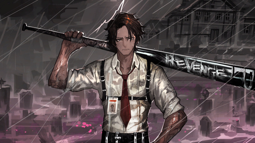 1boy baseball_bat belt cloud cloudy_sky collared_shirt dark-skinned_male dark_skin english_text heathcliff_(project_moon) highres holster id_card lightning limbus_company mansion nai_ga necktie project_moon rain red_necktie scar scar_on_face shirt shoulder_holster sky solo storm tombstone white_shirt