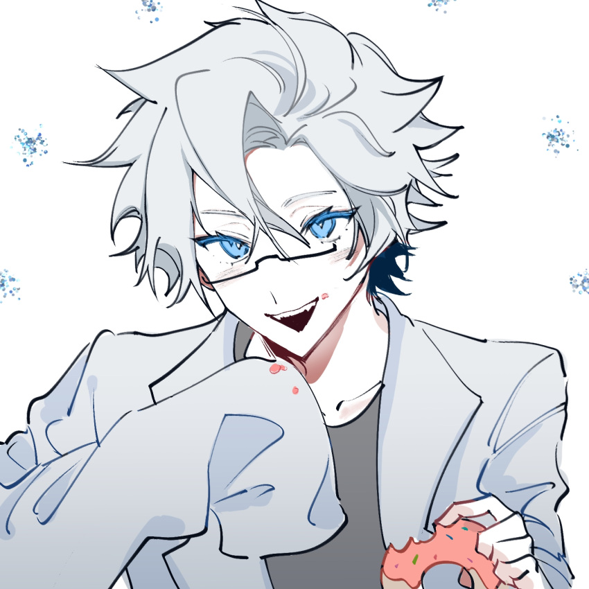 1boy blue_eyes commentary doughnut fangs food glasses grey_shirt highres holding holding_food kanou_aogu lab_coat long_sleeves male_focus open_clothes open_mouth portrait rectangular_eyewear saibou_shinkyoku semi-rimless_eyewear shirt short_hair simple_background smile solo symbol-only_commentary white_background white_hair y_(y3343584)