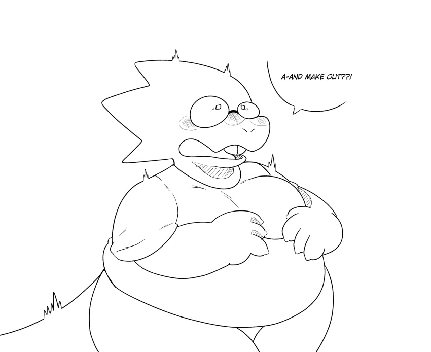2024 4_fingers ?! absurd_res alphys anthro black_and_white blush breasts buckteeth clothed clothing english_text eyelashes eyewear female fingers flustered glasses heavenlylightkj hi_res monochrome open_mouth overweight overweight_anthro overweight_female reptile scalie simple_background solo surprise teeth text undertale_(series) white_background