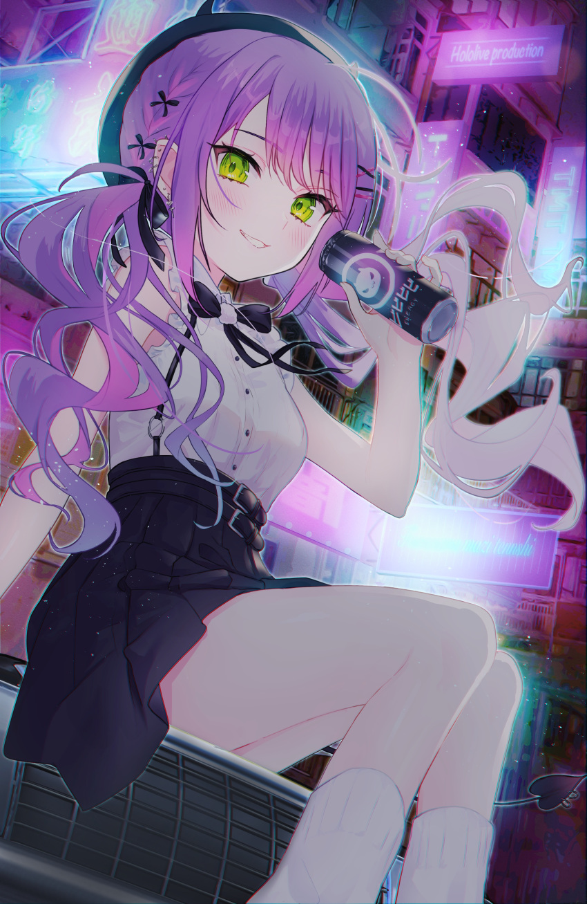1girl absurdres black_headwear black_skirt breasts can commentary_request demon_girl demon_tail green_eyes highres holding holding_can hololive light_particles looking_at_viewer low_twintails medium_breasts official_alternate_costume official_alternate_hairstyle pleated_skirt purple_hair rei_toba shirt sitting skirt sleeveless sleeveless_shirt smile socks solo tail thighs tokoyami_towa tokoyami_towa_(jirai_kei) twintails twintails_day virtual_youtuber white_shirt white_socks
