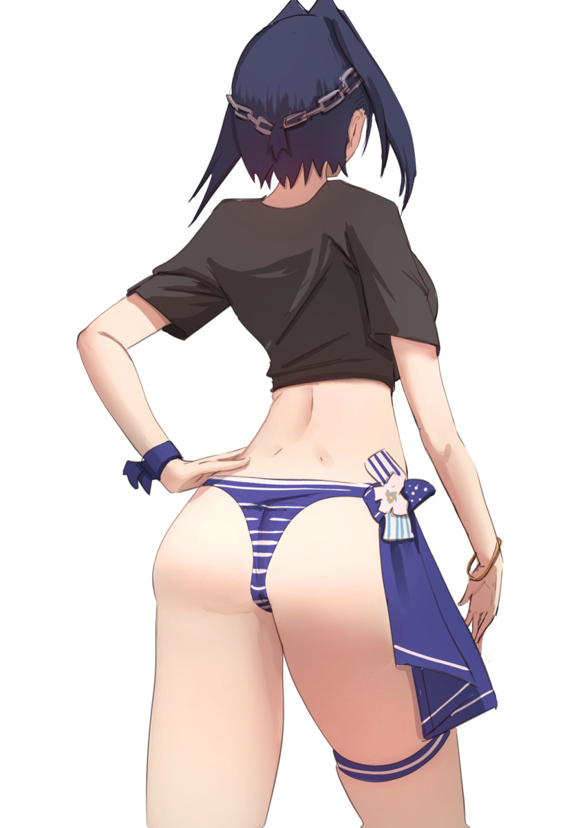 1girl angelchama ass back bikini black_shirt blue_hair bow breasts chain_headband dimples_of_venus from_behind hand_on_own_hip highres hololive hololive_english large_breasts ouro_kronii purple_bikini purple_bow shirt short_hair short_sleeves simple_background solo swimsuit t-shirt thigh_strap thighs tied_shirt virtual_youtuber white_background wrist_bow