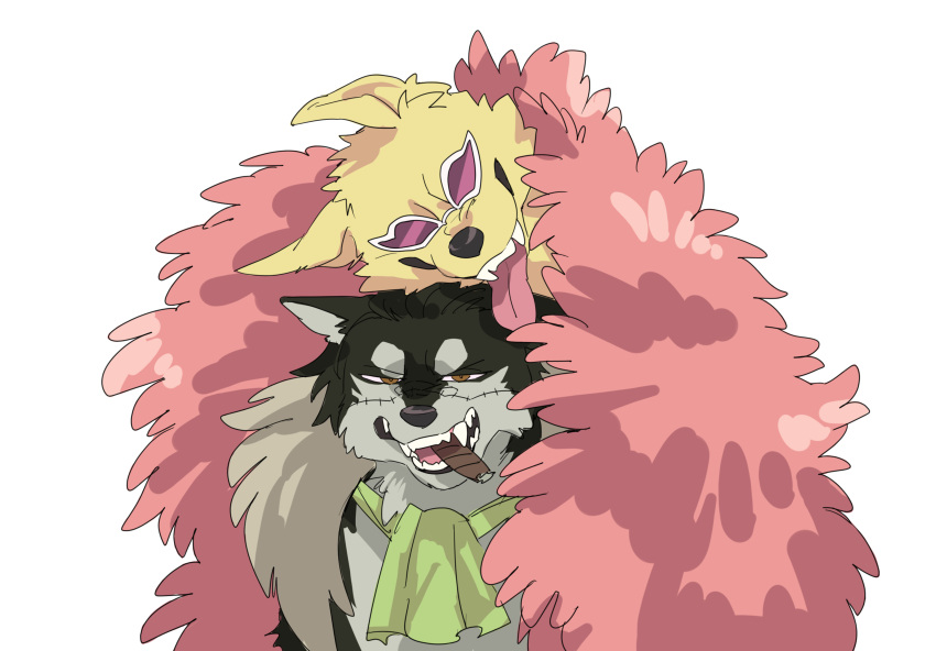 absurdres animal_focus animalization ascot brown_eyes cigar coat commentary_request crocodile_(one_piece) dog donquixote_doflamingo fangs fur_coat green_ascot highres ks_lobos no_humans one_piece pink_coat scar scar_on_face simple_background smile sunglasses thai_commentary white_background