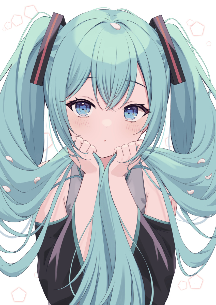 1girl bare_shoulders black_sleeves blue_eyes blush commentary crossed_bangs detached_sleeves expressionless eyelashes green_hair hair_between_eyes hands_up hatsune_miku highres holding holding_hair kamachi_(kamati0maru) long_hair looking_at_viewer parted_lips petal_on_head simple_background solo tsurime twintails twintails_day upper_body very_long_hair vocaloid white_background wide_sleeves