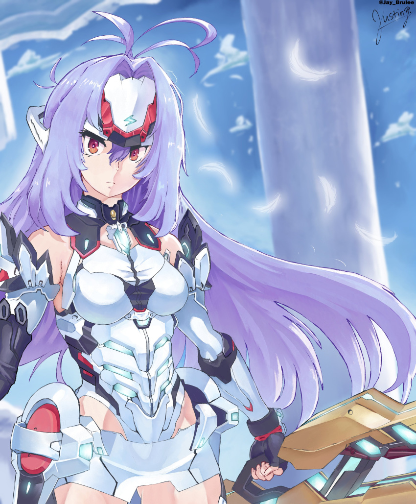 1girl absurdres armored_leotard breasts cropped_legs elbow_gloves feathers forehead_protector gloves highres justin_yamagiwa kos-mos kos-mos_re: long_hair medium_breasts red_eyes solo standing very_long_hair xenoblade_chronicles_(series) xenoblade_chronicles_2