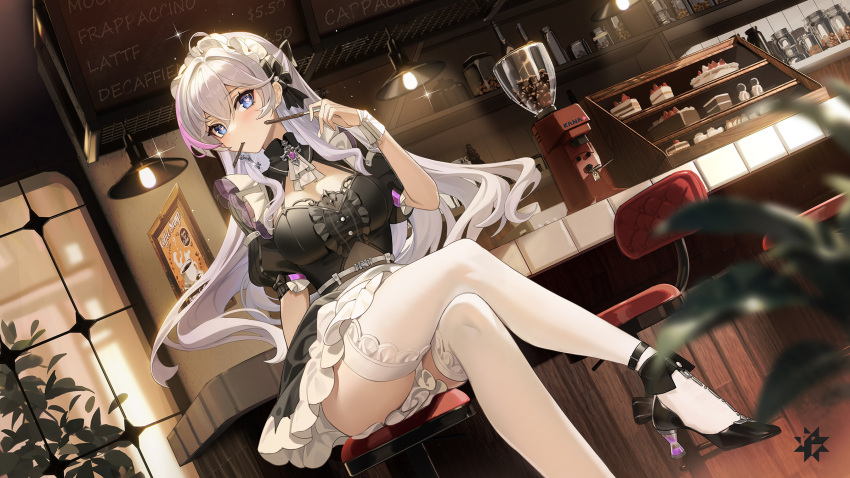 1girl ahoge artist_request bar_(place) black_dress blue_eyes blurry bra_strap breasts calabiyau crossed_legs depth_of_field dress dutch_angle food frilled_dress frills heart heart-shaped_pupils high_heels highres indoors kanami_(calabiyau) large_breasts long_hair looking_at_viewer maid maid_headdress mouth_hold multicolored_hair official_alternate_costume official_art pocky second-party_source shoes short_dress short_sleeves sitting solo streaked_hair symbol-shaped_pupils thighhighs white_hair white_thighhighs wing_collar