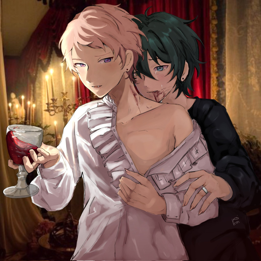 2boys alternate_costume black_hair black_shirt blood blood_on_face blue_eyes blush brown_eyes crying crying_with_eyes_open cup drinking_glass ensemble_stars! highres holding holding_cup itsuki_shu jewelry kagehira_mika long_sleeves male_focus multiple_boys open_clothes open_shirt pink_hair purple_eyes red_wine ring shirt short_bangs short_hair tears valkyrie_(ensemble_stars!) vampire vrmnyam white_shirt wine_glass yaoi