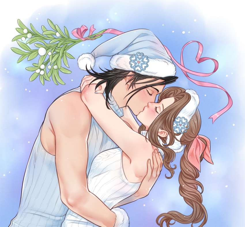 1boy 1girl aerith_gainsborough aerith_gainsborough_(fairy_of_snowfall) arms_around_neck bare_shoulders black_hair blush braid braided_ponytail brown_hair christmas closed_eyes couple crylin6 final_fantasy final_fantasy_vii final_fantasy_vii_ever_crisis final_fantasy_vii_remake from_side fur-trimmed_headwear fur_trim hair_ribbon hand_on_another's_back hat hetero highres hug kiss long_hair mistletoe parted_bangs pink_ribbon pom_pom_(clothes) ribbed_sweater ribbon santa_hat sweater turtleneck turtleneck_sweater upper_body white_sweater zack_fair