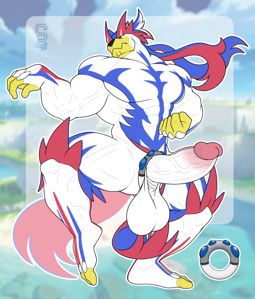 2024 absurd_res accessory anthro balls big_balls blue_body blue_feet blue_hands blue_legs blue_pseudo_hair blurred_background cock_ring countershade_face countershading digital_media_(artwork) erection feet fingers fist generation_8_pokemon genitals glans heavy_ball hi_res humanoid_genitalia humanoid_hands jewelry legendary_pokemon male mammal multicolored_body multicolored_feet multicolored_hands multicolored_legs muscular muscular_anthro muscular_male nintendo one_leg_on_ground one_leg_up pecs penis penis_accessory penis_jewelry pink_glans pokeball pokemon pokemon_(species) pose pseudo_hair raised_leg rapid_strike_style_urshifu red_body red_feet red_hands red_legs red_pseudo_hair saggy_balls signature single_strike_style_urshifu solard0gg0 solo toes urethra urshifu vein veiny_arms veiny_muscles veiny_penis white_balls white_body white_face white_feet white_hands white_legs white_penis yellow_body yellow_countershading yellow_face yellow_fingers yellow_toes