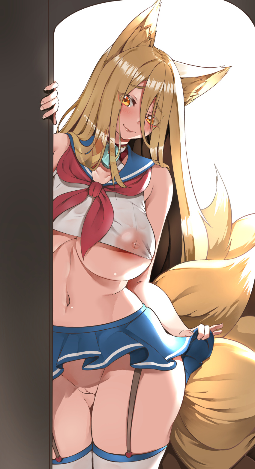 absurdres animal_ears areola_slip blonde_hair breasts collarbone come_hither crop_top detached_collar fox_ears fox_girl fox_tail garter_straps heart heart-shaped_pupils highres hirume_of_heavenly_incense kitsune large_breasts last_origin long_hair miniskirt mouth_hold multiple_tails navel neckerchief orange_eyes pussy sailor_collar see-through see-through_shirt skindentation skirt symbol-shaped_pupils tail very_long_hair yume_no_hana_(sbac0019)