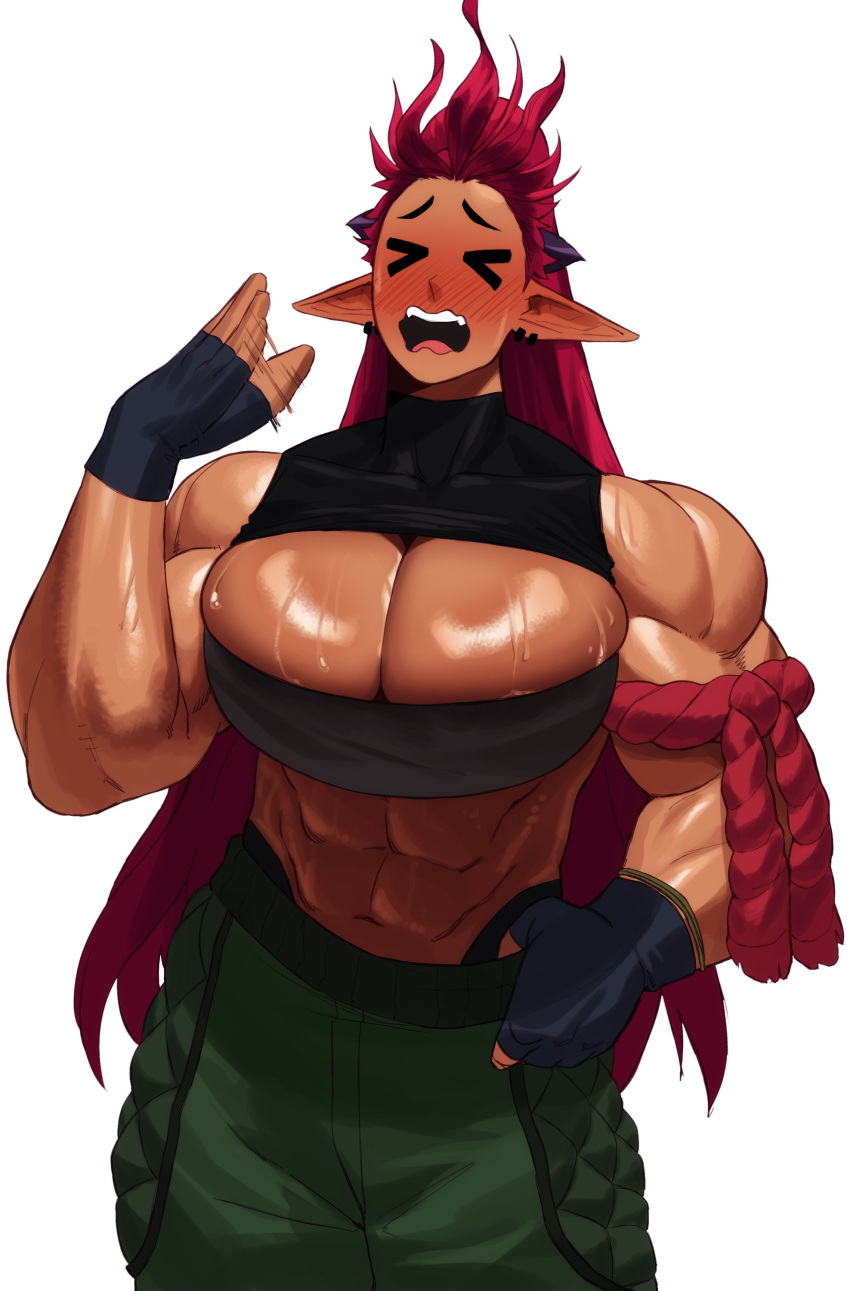 &gt;_&lt; 1girl abs absurdres ali_(sotcho) black_horns blush breasts cleavage clothes_lift crop_top dark-skinned_female dark_skin dragon_girl earrings fanning_face green_pants high_ponytail highres horns jewelry midriff muscular muscular_female open_mouth pants pointy_ears red_hair solo sotcho sweat thick_eyebrows thick_eyelashes wavy_mouth