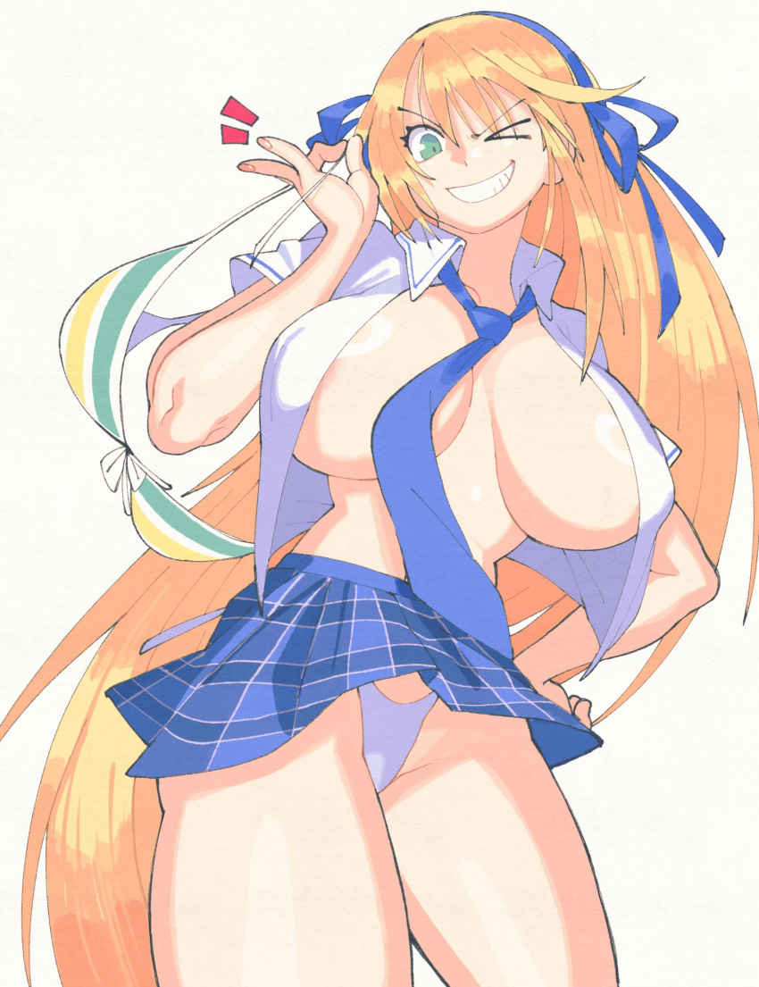 1girl bikini blonde_hair blue_necktie blue_ribbon blush breast_hold breasts cleavage female_pervert front-tie_bikini_top front-tie_top green_eyes hair_ribbon hanzou_academy_uniform highres holding holding_clothes holding_swimsuit inkerton-kun katsuragi_(senran_kagura) large_breasts light_particles linea_alba long_hair looking_at_viewer midriff navel necktie no_bra one_eye_closed open_clothes open_shirt panties pervert plaid plaid_skirt ribbon senran_kagura senran_kagura_shoujo-tachi_no_shin'ei shirt simple_background skirt smile solo striped_clothes striped_panties swimsuit underwear v-shaped_eyebrows very_long_hair white_background white_panties white_shirt