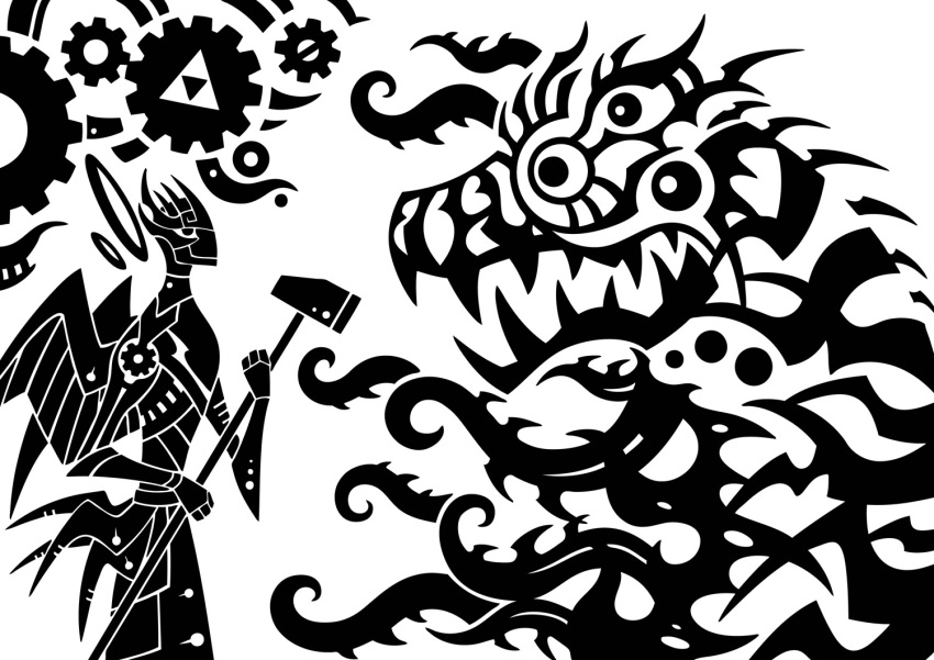 2015 4_fingers ambiguous_gender android barbed_tentacle biped black_and_white cogwheel deity digital_drawing_(artwork) digital_media_(artwork) duo eldritch_abomination feathered_wings feathers feral fingers gear hammer holding_hammer holding_object holding_sledgehammer holding_tool horn humanoid larger_ambiguous larger_feral machine mekhane_(scp_foundation) metal_wings monochrome multi_eye open_mouth portrait robot scp_foundation sharp_teeth side_view silhouette simple_background size_difference sledgehammer smaller_ambiguous smaller_humanoid sunnyclockwork teeth tenacles three-quarter_portrait tools white_background winged_humanoid wings yaldabaoth_(scp_foundation)