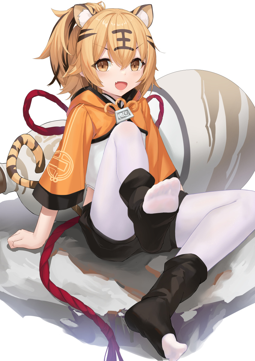 1girl absurdres animal_ears azur_lane black_hair black_socks blonde_hair fang feet fengxue full_body gourd highres hu_pen_(azur_lane) jacket multicolored_hair open_mouth orange_jacket pantyhose sitting skin_fang smile socks socks_over_pantyhose solo streaked_hair tail tiger_ears tiger_girl tiger_tail toeless_legwear toes white_pantyhose yellow_eyes