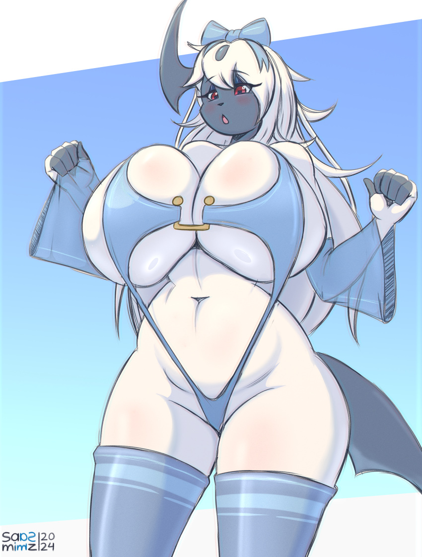 absol absurd_res anthro biped blush breasts clothed clothing eyelashes female generation_3_pokemon hair hi_res legwear nintendo open_mouth pokemon pokemon_(species) pupils saasmimz swimwear thick_thighs thigh_highs