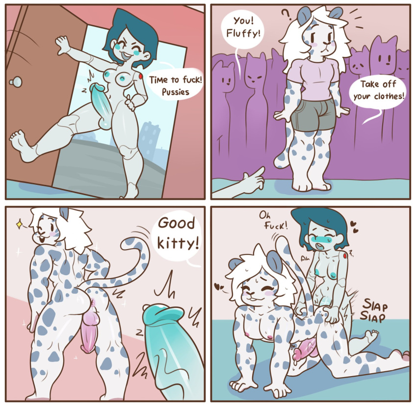 4_panel_comic anal anal_penetration anthro anthro_penetrated balls blue_hair blush blush_stickers bodily_fluids bottomwear breasts butt clothing dialogue doggystyle dot_eyes dripping english_text erection eyes_closed felid from_behind_position fur genital_fluids genitals grey_background grey_spots gynomorph gynomorph/male gynomorph_penetrating gynomorph_penetrating_male hair hi_res humanoid humanoid_genitalia humanoid_on_anthro humanoid_penetrating humanoid_penetrating_anthro humanoid_penis intersex intersex/male intersex_penetrating intersex_penetrating_male looking_pleasured machine male male_penetrated mammal markings muscle_tone muscular muscular_anthro muscular_girly muscular_male nude nude_anthro nude_gynomorph nude_humanoid nude_male pantherine pecs penetration penile penile_penetration penis penis_in_ass pink_background precum precum_drip precum_string raised_tail red7cat ricky_landon robot robot_humanoid sex shirt shorts simple_background snow_leopard sound_effects speech_bubble spots spotted_body spotted_fur spotted_markings t-shirt tail text topwear vein veiny_penis white_body white_fur white_hair