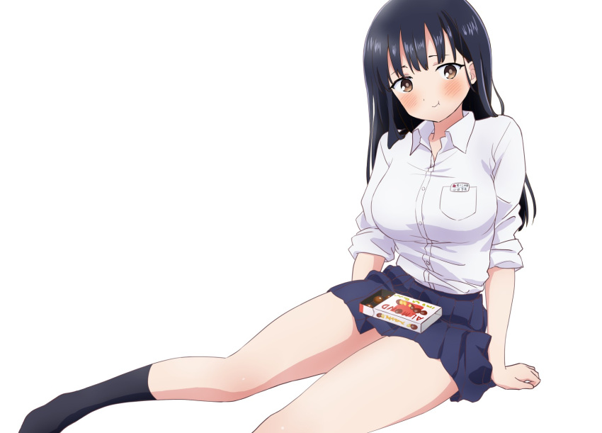 1girl arm_support black_socks blue_hair blue_skirt blush boku_no_kokoro_no_yabai_yatsu box box_of_chocolates breasts brown_eyes closed_mouth collared_shirt dark_blue_hair highres komatsu_(sakanae) large_breasts long_hair looking_at_viewer miniskirt name_tag pleated_skirt school_uniform shirt shirt_tucked_in simple_background sitting skirt socks solo white_background white_shirt yamada_anna