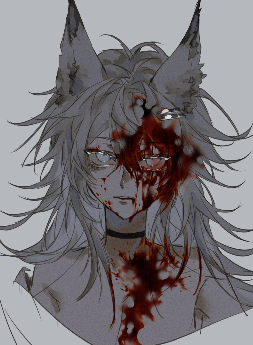 1girl animal_ear_fluff animal_ears antenna_hair arknights armpit_crease black_choker blood blood_from_mouth blood_in_hair blood_on_chest blood_on_face blue_eyes breasts choker cleavage collarbone commentary completely_nude cropped_torso expressionless eyelashes film_grain grey_background grey_hair hair_between_eyes hair_ornament hairclip highres lappland_(arknights) long_hair looking_at_viewer m10_(lycos_zzz) messy_hair muted_color nude parted_lips scar scar_across_eye scar_on_face simple_background slit_pupils solo straight-on symbol-only_commentary teeth upper_body wolf_ears wolf_girl