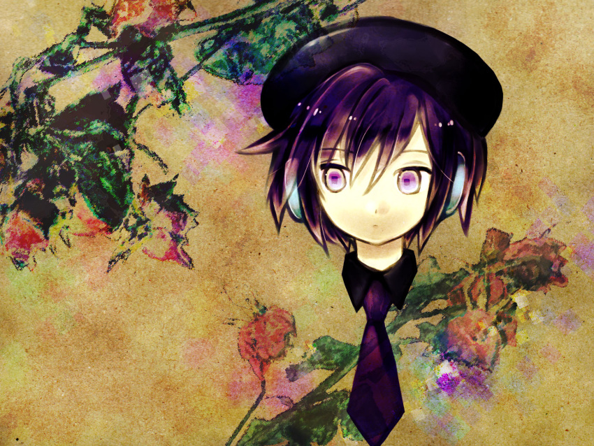 1girl beret black_headwear brown_background closed_mouth commentary_request cropped_head expressionless faux_traditional_media floral_background flower hat headphones highres necktie purple_eyes purple_hair purple_necktie red_flower short_hair sideways_glance solo square_pupils tsunoyomogi_amahashi utane_uta utau