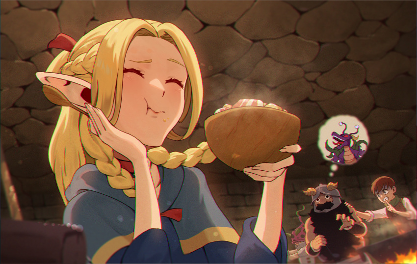 1girl 2boys beard blonde_hair blue_capelet blue_robe bowl braid brown_hair capelet chilchuck_tims closed_eyes closed_mouth dungeon_meshi dwarf eating elf facial_hair fake_horns food helmet highres holding holding_bowl horned_helmet horns long_beard long_hair marcille_donato matsumotoshinnnosuke multiple_boys multiple_braids pointy_ears red_ribbon ribbon robe senshi_(dungeon_meshi) short_hair spoon steam thought_bubble wooden_bowl wooden_spoon