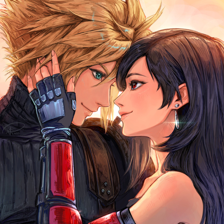 1boy 1girl absurdres armor bare_shoulders black_gloves black_hair blonde_hair blue_eyes bracelet closed_mouth cloud_strife commentary couple earrings elbow_gloves eye_contact final_fantasy final_fantasy_vii final_fantasy_vii_rebirth final_fantasy_vii_remake fingerless_gloves forehead-to-forehead from_side glint gloves hand_on_another's_face heads_together highres jewelry long_hair looking_at_another profile red_eyes shoulder_armor single_arm_guard single_earring sleeveless sleeveless_turtleneck smile spiked_hair sweater tifa_lockhart turtleneck turtleneck_sweater upper_body xriviia