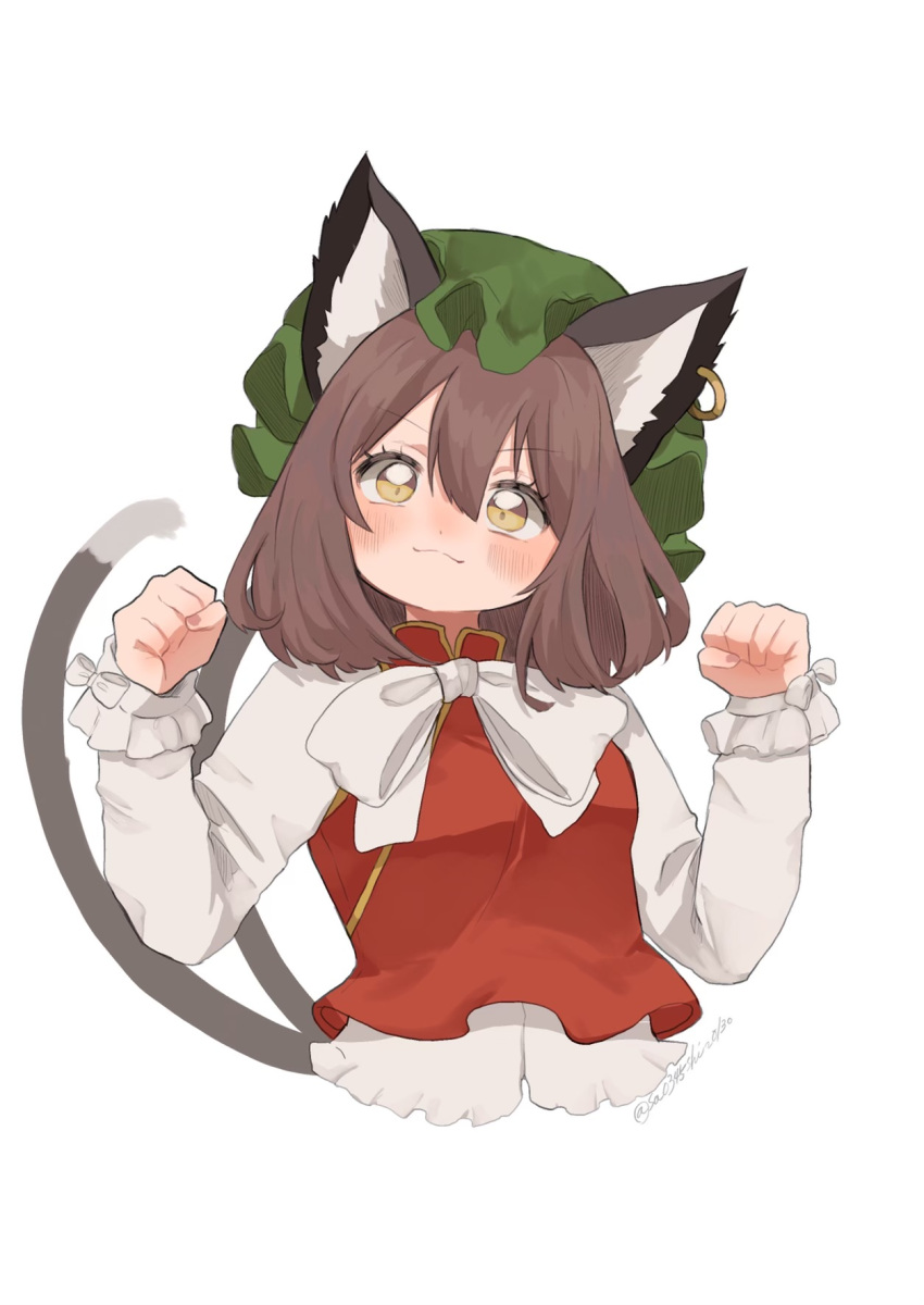 1girl animal_ear_piercing animal_ears blush bow bowtie breasts brown_hair cat_ears cat_tail chen closed_mouth commentary cropped_torso double-parted_bangs earrings fingernails green_headwear hair_between_eyes hands_up hat head_tilt highres jewelry long_sleeves looking_at_viewer medium_breasts medium_hair mob_cap multiple_tails nekomata paw_pose red_vest simple_background single_earring solo tail touhou two_tails uchisaki_himari upper_body v-shaped_eyebrows vest white_background white_bow white_bowtie yellow_eyes