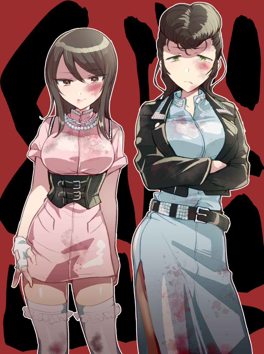 2girls absurdres alternate_costume bead_necklace beads belt black_belt black_jacket blood blood_on_clothes blood_on_face blue_dress brown_eyes brown_hair chain_necklace closed_mouth commentary crossed_arms delinquent dress fingerless_gloves frilled_thighhighs frills frown girls_und_panzer gloves green_eyes half-closed_eyes highres jacket jewelry koyama_harutarou leather leather_jacket long_hair long_sleeves looking_at_viewer majisuka_gakuen medium_dress mika_(girls_und_panzer) multiple_girls necklace no_headwear outline parody pink_dress pompadour red_background short_dress short_sleeves side-by-side side_slit smile standing studded_belt text_background thighhighs underbust white_gloves white_outline white_thighhighs yuri_(girls_und_panzer)
