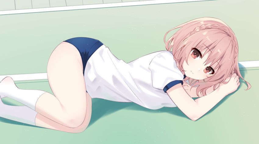 1girl absurdres all_fours ass bare_legs blush braid commentary_request commission date_a_live day from_side gym_uniform hair_between_eyes highres kneeling leg_up looking_at_viewer medium_hair mo_(pixiv9929995) on_ground outdoors pink_eyes pink_hair pixiv_commission shirt short_sleeves smile solo sonogami_rinne sportswear thighs top-down_bottom-up white_shirt