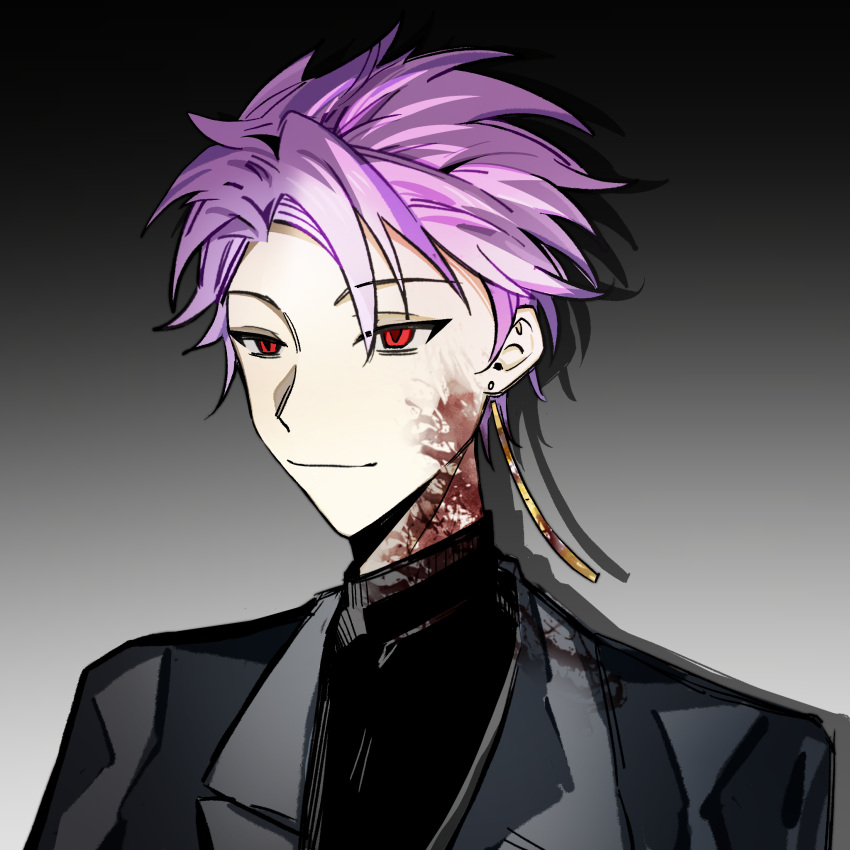 1boy black_sweater blood blood_on_clothes blood_on_face chinese_commentary closed_mouth commentary_request earrings feiniao_ming gradient_background grey_jacket highres jacket jewelry long_sleeves male_focus open_clothes open_jacket portrait purple_hair red_eyes saibou_shinkyoku short_hair simple_background smile solo sweater theodore_riddle turtleneck turtleneck_sweater