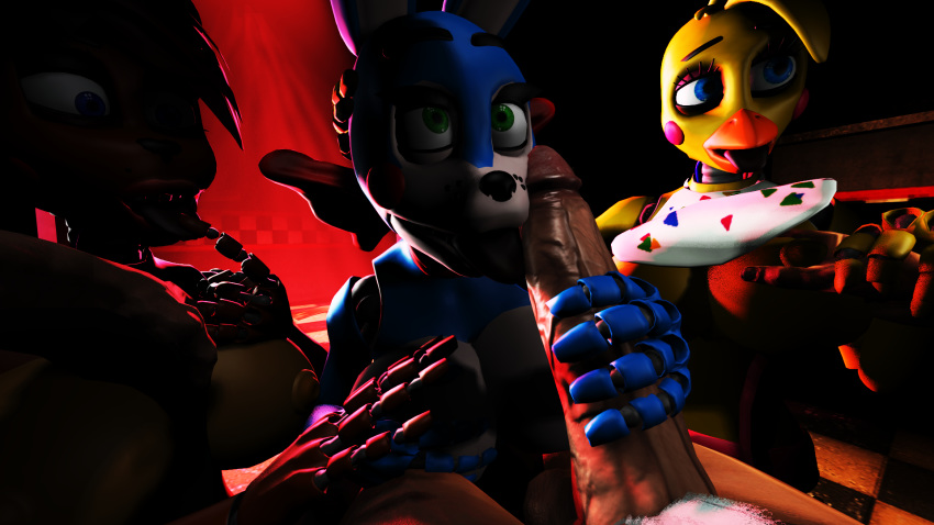 16:9 animatronic avian big_breasts bird bonnie_(fnaf) breasts chica_(fnaf) digital_media_(artwork) female five_nights_at_freddy's five_nights_at_freddy's_2 freddy_(fnaf) genitals group hair hi_res human humanoid lagomorph leporid machine male male/female mammal nipples nude open_mouth penis rabbit robot robot_humanoid security_guard simple_background smile tongue video_games widescreen