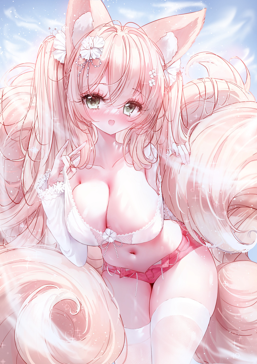1girl :d absurdres animal_ear_fluff animal_ears blush breasts cleavage commentary_request crop_top flower fox_ears fox_girl fox_tail grey_eyes hair_between_eyes hair_flower hair_ornament highres kitsune large_breasts leaning_forward long_hair looking_at_viewer navel open_clothes open_fly open_shorts original pink_hair pink_shorts short_shorts shorts smile solo tail tandohark thighhighs very_long_hair white_flower white_thighhighs