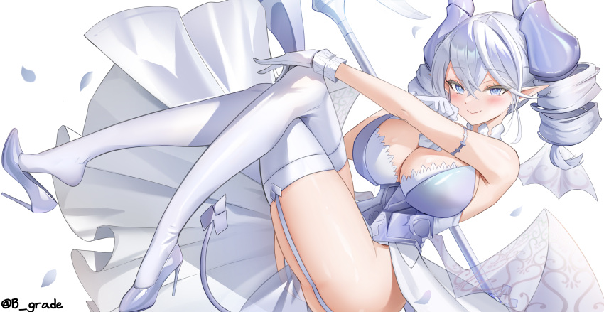 1girl absurdres b_grade breasts cleavage demon_girl demon_horns demon_wings dress duel_monster gloves grey_eyes highres horns large_breasts leotard leotard_under_clothes looking_at_viewer lovely_labrynth_of_the_silver_castle low_wings multiple_wings pointy_ears simple_background smile solo spread_cleavage transparent_wings twintails weapon white_background white_hair white_horns wings yu-gi-oh!