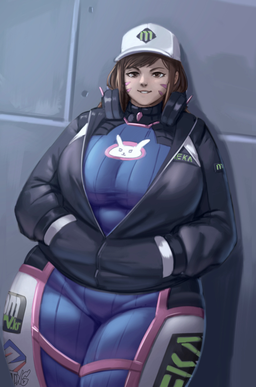 1girl against_wall alternate_breast_size alterxsu animal_print blue_bodysuit bodysuit breasts brown_eyes brown_hair cowboy_shot d.va_(overwatch) facepaint facial_mark grey_background hands_in_pockets headphones headphones_around_neck highres large_breasts looking_at_viewer overwatch parted_lips partially_unzipped rabbit_print shadow solo swept_bangs thick_thighs thighs whisker_markings