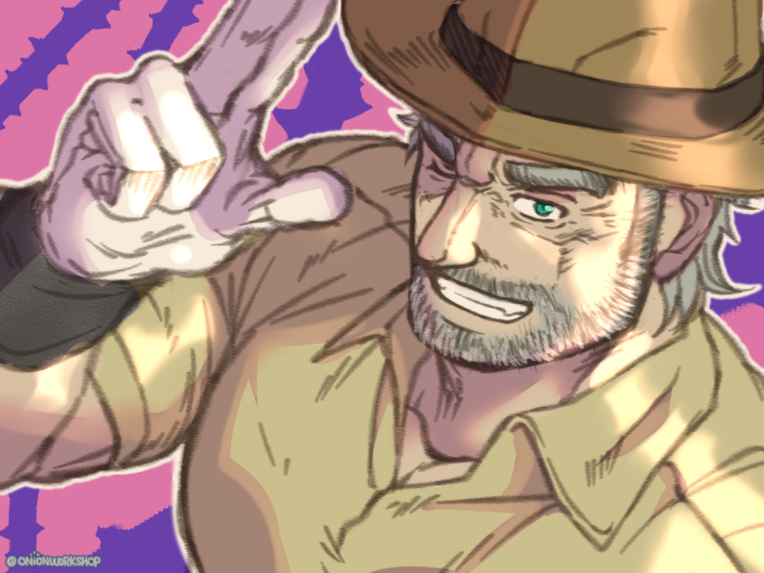 1boy bara beard_stubble facial_hair fedora from_above gloves green_eyes grey_hair grin hand_up hat jojo_no_kimyou_na_bouken joseph_joestar joseph_joestar_(old) large_pectorals male_focus mature_male muscular muscular_male mustache_stubble old old_man one_eye_closed onionworkshop paid_reward_available pectorals salute short_hair smile solo stardust_crusaders stubble two-finger_salute upper_body wrinkled_skin