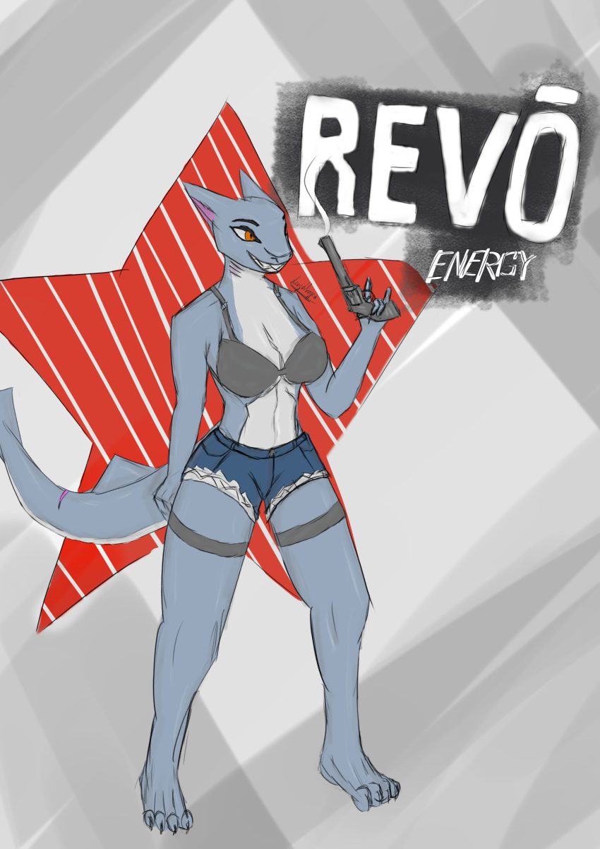 absurd_res anthro barefoot beverage bottomwear brassiere clothing colored cutoffs daisy_dukes denim denim_bottomwear denim_clothing energy_drink feet female fish full-length_portrait gun gun_smoke handgun hi_res hotpants loryddragon marine portrait pose ranged_weapon revo_(drink) revolver scar shark shorts smile solo teeth_showing wallpaper weapon