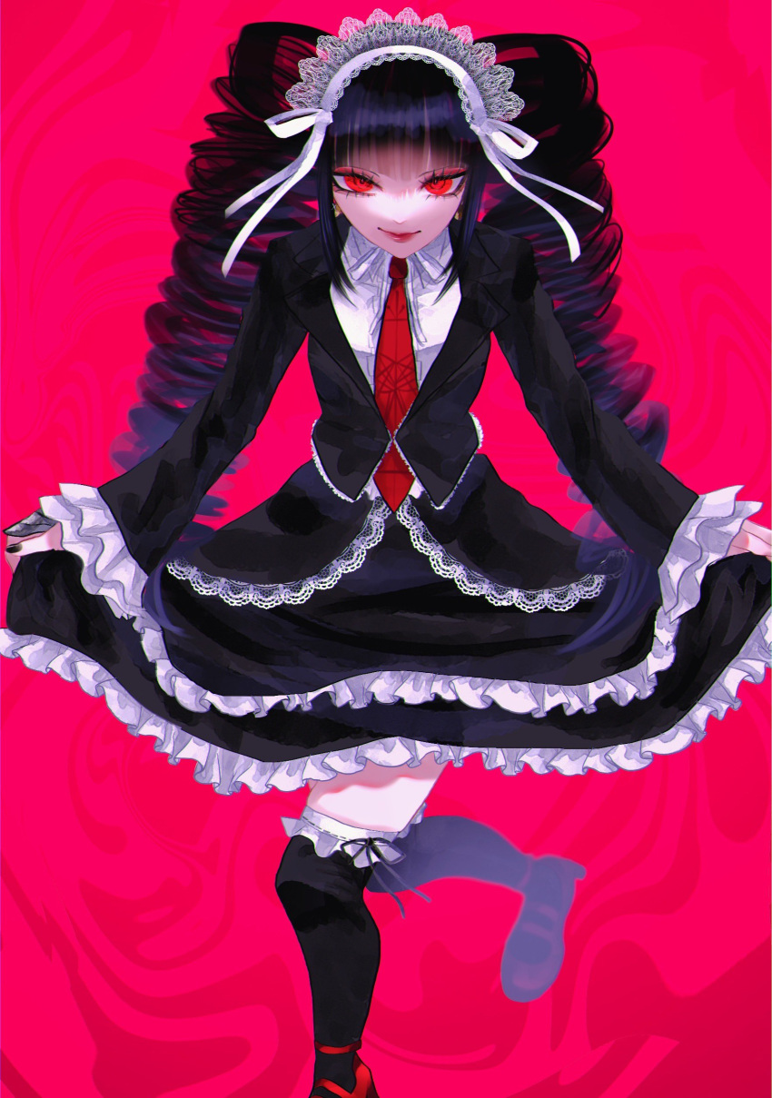 1girl absurdres black_hair black_jacket black_nails black_thighhighs celestia_ludenberg collared_shirt danganronpa:_trigger_happy_havoc danganronpa_(series) drill_hair frilled_skirt frills gothic_lolita headdress highres jacket kamin_(0428hopelove) lace-trimmed_skirt lace_trim layered_skirt lolita_fashion long_sleeves nail_polish necktie pink_background red_footwear red_necktie shirt skirt smile solo thighhighs twin_drills