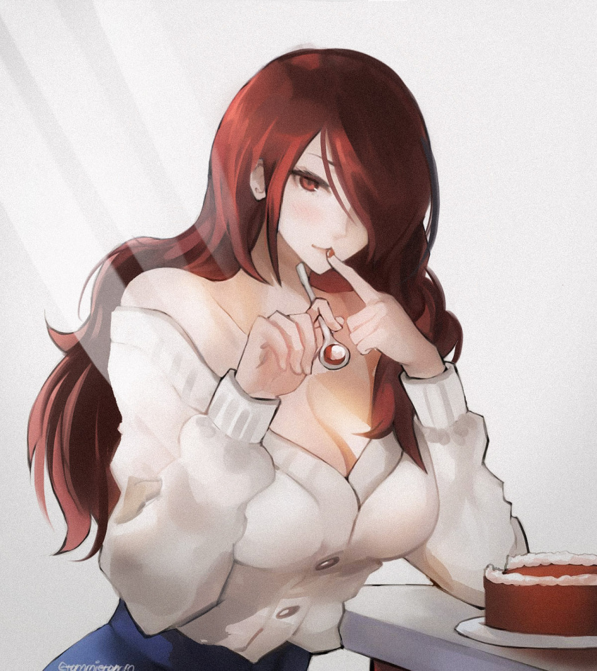 1girl alternate_costume bare_shoulders blush breasts cake casual cleavage collarbone food hair_over_one_eye high-waist_pants highres kirijou_mitsuru large_breasts long_hair looking_at_viewer pants persona persona_3 persona_3_reload red_eyes red_hair simple_background smile solo tommy_(kingdukeee)