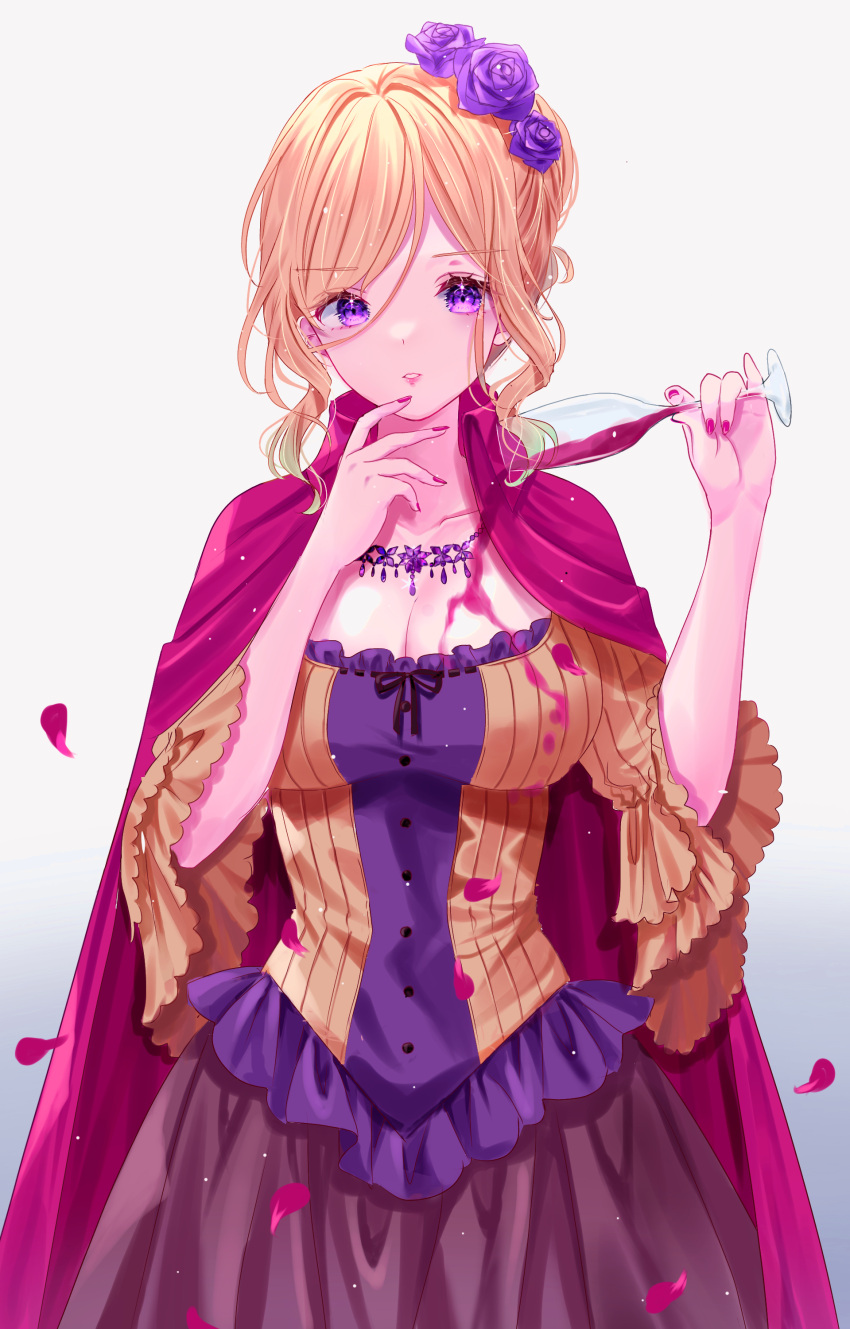 1girl absurdres alcohol axis_powers_hetalia blonde_hair breasts cleavage cloak closed_mouth cowboy_shot cup dress drinking_glass eyelashes flower france_(hetalia) genderswap genderswap_(mtf) gradient_background hair_between_eyes hair_flower hair_ornament hands_up highres holding holding_cup jewelry large_breasts lipstick looking_at_viewer makeup multicolored_clothes multicolored_dress nail_polish necklace parted_lips petals pouring pouring_onto_self purple_cloak purple_eyes purple_flower purple_nails purple_rose riri5937 rose sleeves_past_elbows solo sparkling_eyes swept_bangs updo white_background wide_sleeves wine wine_glass