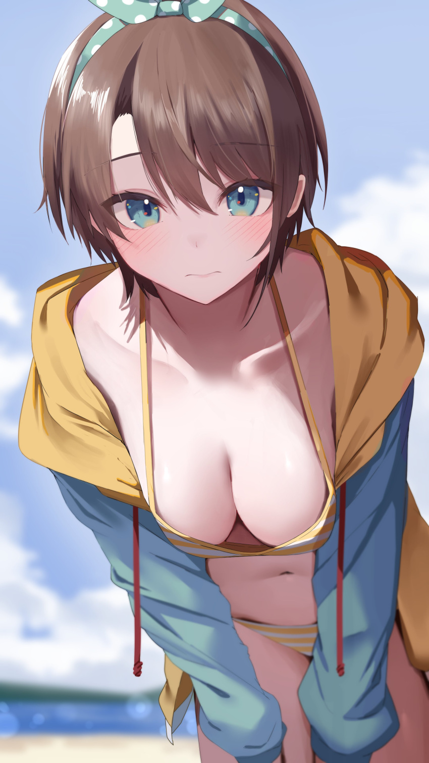 1girl absurdres aqua_hairband bikini blue_eyes blue_jacket blue_sky blurry blurry_background blush bow_hairband breasts brown_hair cleavage closed_mouth cloud cloudy_sky collarbone commentary_request hairband highres hololive hood hood_down hooded_jacket jacket leaning_forward looking_at_viewer medium_breasts mikaku navel official_alternate_costume oozora_subaru oozora_subaru_(hololive_summer_2019) open_clothes open_jacket parted_bangs polka_dot_hairband short_hair sky solo stomach striped_bikini striped_clothes swimsuit tomboy very_short_hair virtual_youtuber white_stripes yellow_bikini yellow_jacket