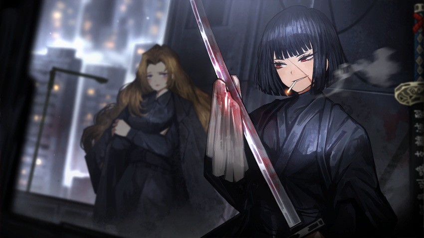 2girls black_hair black_jacket black_kimono black_pants black_shirt blood blood_on_weapon bob_cut brown_hair cigarette closed_mouth crossed_arms game_cg highres holding holding_sword holding_weapon jacket japanese_clothes katana kimono limbus_company long_hair multiple_girls nai_ga official_art outdoors pants project_moon red_eyes rodion_(project_moon) ryoshu_(project_moon) scar scar_on_face sheath sheathed shirt short_hair smoke smoking standing sword weapon wiping_blood