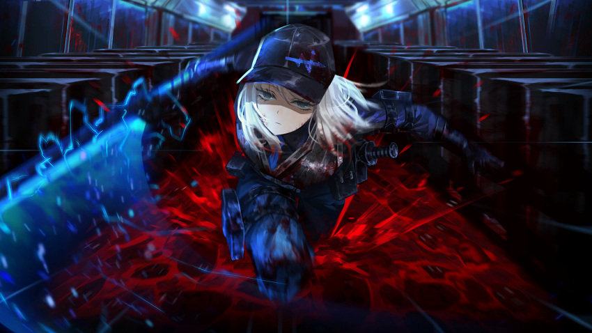 1girl baseball_cap black_gloves black_headwear black_vest blood blood_on_clothes blood_on_face blue_eyes blue_necktie blue_pants blue_shirt closed_mouth faust_(project_moon) game_cg gloves hat highres holding holding_sword holding_weapon indoors limbus_company looking_at_viewer medium_hair nai_ga necktie official_art pants project_moon running running_towards_viewer shirt solo sword vest weapon white_hair