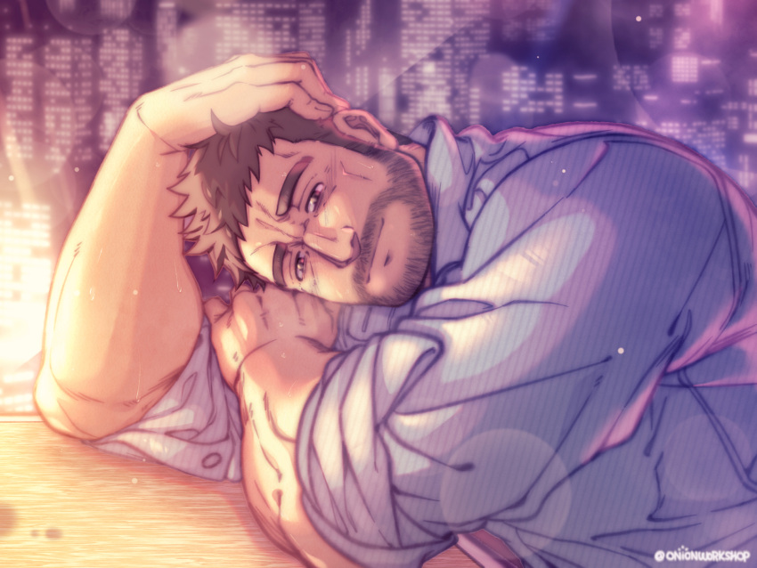 1boy bara beard_stubble brown_hair cityscape connected_beard facial_hair hand_on_own_head highres male_focus mature_male muscular muscular_male mustache_stubble on_table onionworkshop original paid_reward_available pov_dating sad short_hair sleeves_rolled_up solo stubble table