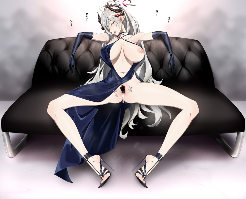 1girl black_footwear black_gloves black_nails blue_archive blush breasts censored coach cum cum_in_pussy cumdrip elbow_gloves gloves grey_hair hair_over_one_eye halo high_heels highres horns large_breasts long_hair looking_at_viewer makoto_(blue_archive) makoto_(dress)_(blue_archive) nail_polish navel nipples open_mouth paid_reward_available pointy_ears pussy shoujo_donburi sitting solo spread_legs spread_pussy toenail_polish toenails tongue tongue_out variant_set