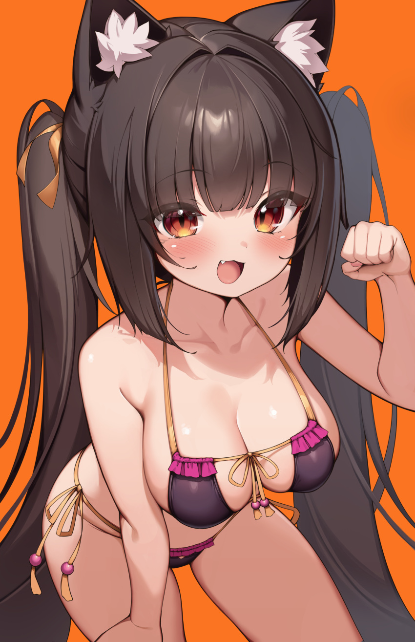 1girl :3 absurdres animal_ears armpit_crease bare_arms bare_shoulders bikini black_bikini black_hair blunt_bangs blush breasts brown_eyes cat_ears cat_girl chocola_(nekopara) fang frilled_bikini frills front-tie_bikini_top front-tie_top hair_ribbon halterneck hand_up highres kaptivate large_breasts leaning_forward long_hair looking_at_viewer nekopara open_mouth orange_background orange_ribbon paid_reward_available paw_pose ribbon side-tie_bikini_bottom simple_background slit_pupils smile solo string_bikini swimsuit twintails very_long_hair