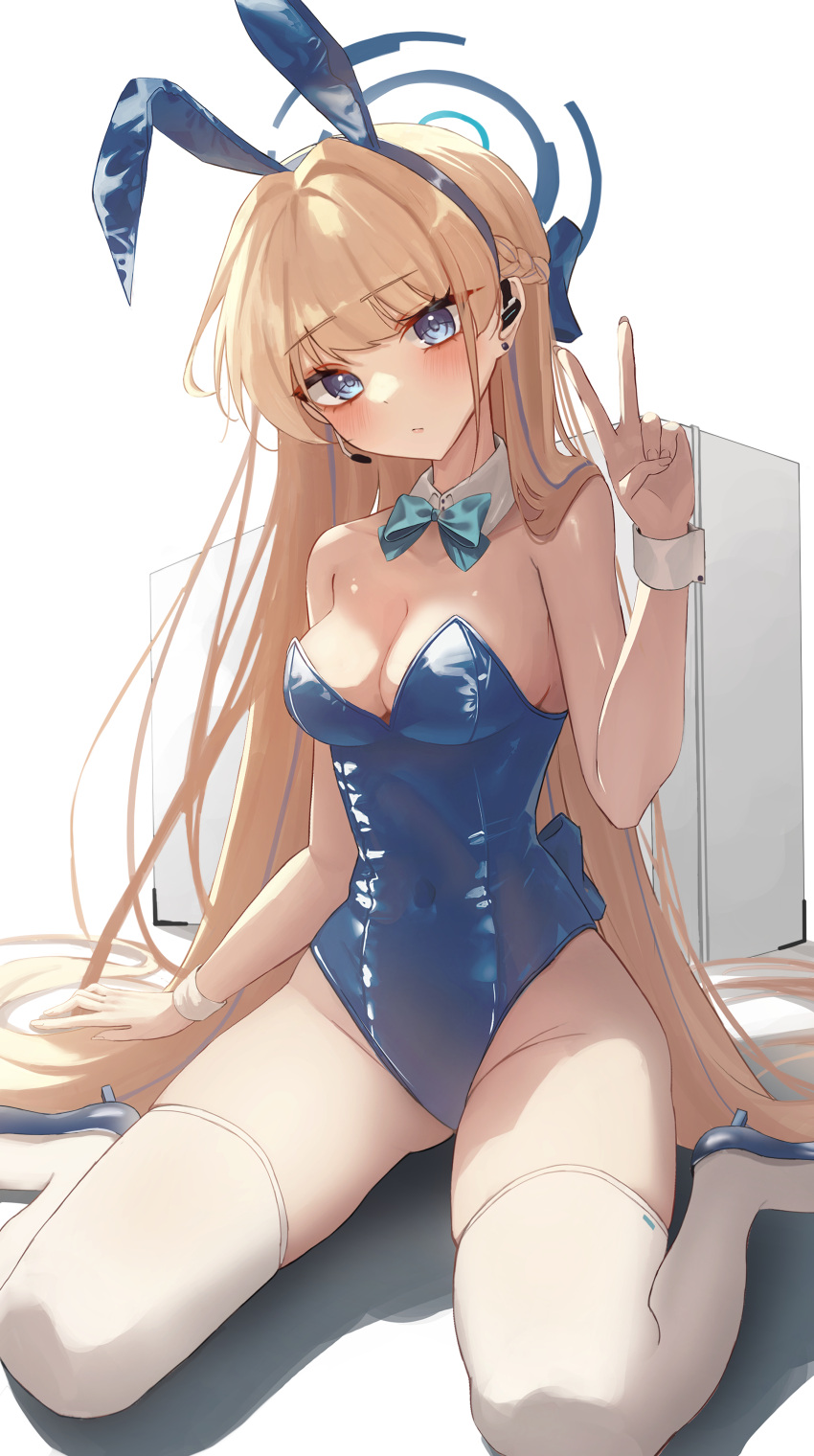 1girl absurdres animal_ears aqua_bow aqua_bowtie blue_archive blue_bow blue_bowtie blue_hairband blue_halo blue_leotard blush bow bowtie box breasts closed_mouth covered_navel detached_collar earpiece fake_animal_ears g_gonor hairband halo high_heels highleg highleg_leotard highres leotard long_hair looking_at_viewer navel playboy_bunny rabbit_ears simple_background sitting solo solo_focus strapless strapless_leotard thighhighs toki_(blue_archive) toki_(bunny)_(blue_archive) v wariza white_background white_wrist_cuffs wrist_cuffs