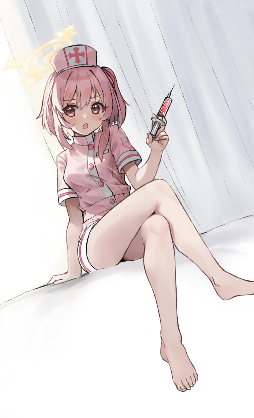 1girl barefoot blue_archive blush breasts buttons crossed_legs dress feathers halo hat highres holding holding_syringe medium_breasts medium_hair nurse_cap official_alternate_costume one_side_up open_mouth pink_dress pink_eyes pink_hair pink_headwear saibashi_(develop_komono) serina_(blue_archive) serina_(nurse)_(blue_archive) short_sleeves solo syringe toes yellow_halo