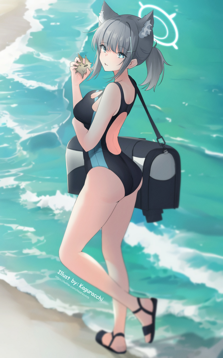 1girl absurdres animal_ear_fluff animal_ears artist_name bag beach black_one-piece_swimsuit blue_archive blue_eyes breasts competition_swimsuit cross_hair_ornament extra_ears full_body grey_hair hair_ornament halo highres holding low_ponytail mashiro_arts medium_breasts medium_hair mismatched_pupils multicolored_clothes multicolored_swimsuit official_alternate_costume one-piece_swimsuit sandals sea_urchin shiroko_(blue_archive) shiroko_(swimsuit)_(blue_archive) solo swimsuit waves wolf_ears