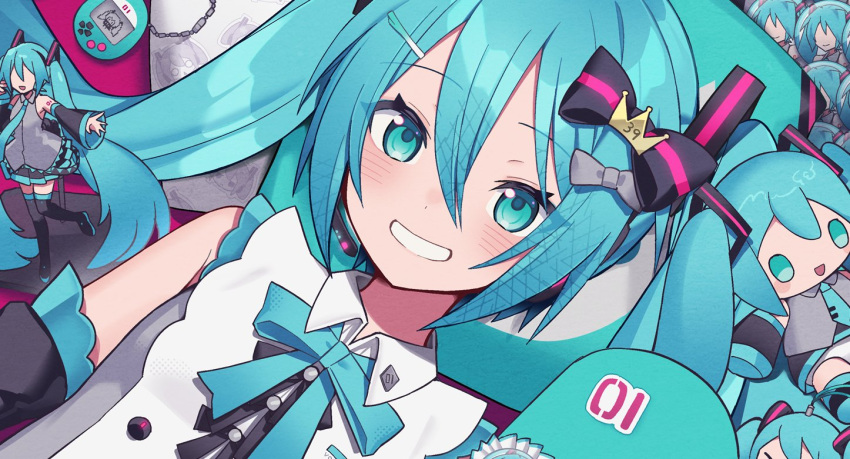 1girl aqua_eyes aqua_hair blue_eyes blue_hair blush crypton_future_media detached_sleeves green_hair hair_ornament hatsune_miku long_hair looking_at_viewer miwasiba necktie piapro smile solo twintails very_long_hair vocaloid