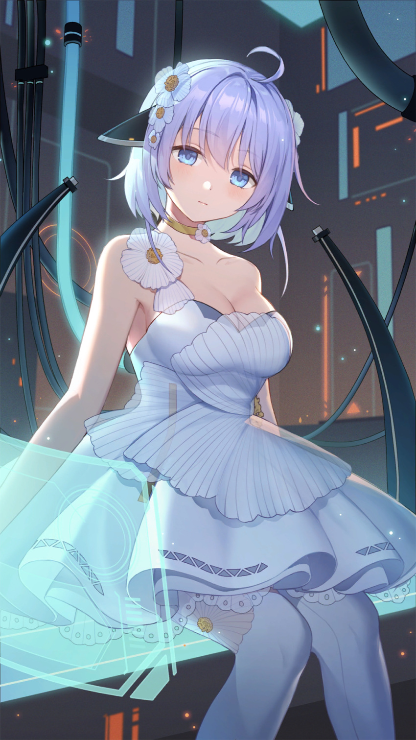 1girl ahoge aniya_jung_(girl_cafe_gun) bare_arms bare_shoulders blue_eyes blue_hair bob_cut breasts cable choker cleavage closed_mouth collarbone dress expressionless feet_out_of_frame flower flower_choker girl_cafe_gun hair_flower hair_ornament headgear highres holographic_interface indoors light_particles looking_at_viewer medium_breasts official_art short_dress short_hair sitting solo strapless strapless_dress thighhighs white_flower white_thighhighs yellow_choker
