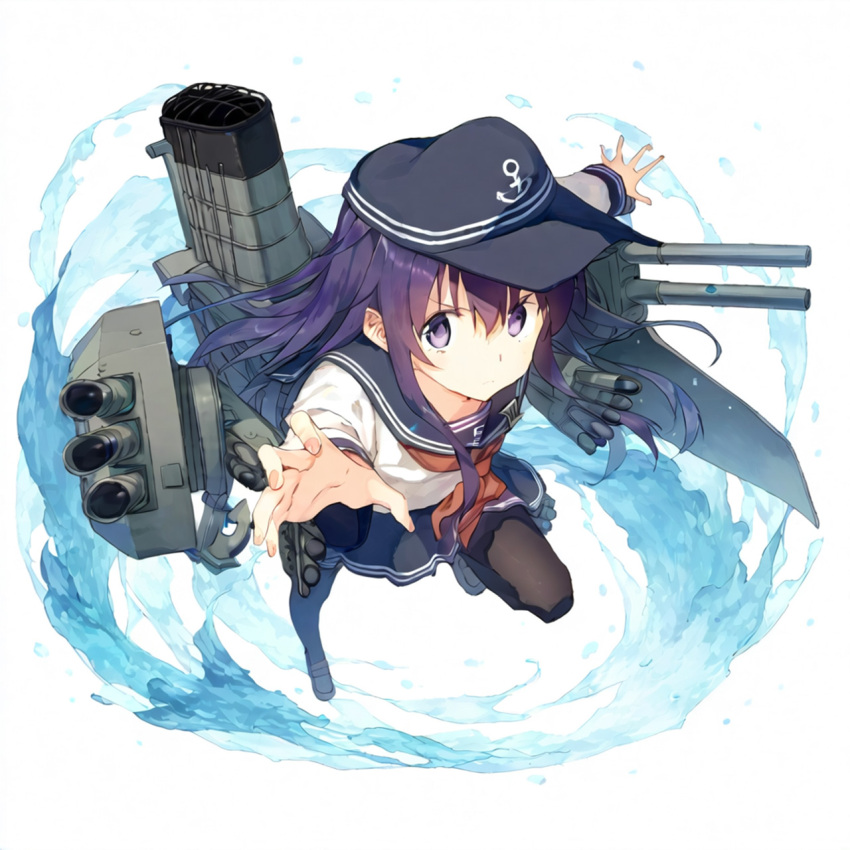 1girl adapted_turret akatsuki_(kancolle) anchor_symbol black_sailor_collar blush cannon flat_cap hair_ornament hairclip hat highres kantai_collection long_hair long_sleeves machinery neckerchief pantyhose pleated_skirt purple_eyes purple_hair red_neckerchief rigging sailor_collar school_uniform serafuku skirt smokestack torpedo torpedo_launcher torpedo_tubes turret user_mcgg8434 water white_background